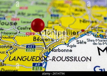 Narbonne. Narbonne map. Close up of Narbonne map with red pin. Map with red pin point of Narbonne in France. Stock Photo