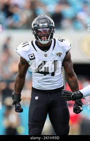 Jacksonville, USA. 18th Sep, 2022. September 18, 2022: Jacksonville Jaguars  linebacker JOSH ALLEN (41) reacts after breaking up a play during the  Jacksonville Jaquars vs Indianapolis Colts NFL game at TIAA Bank Field  Stadium in Jacksonville, Fl on