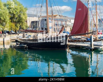 Restored historic 1896 Tamar River barge 'Lynher' at Sutton Harbour, Plymouth, Devon during the seafood festival 2022 Stock Photo