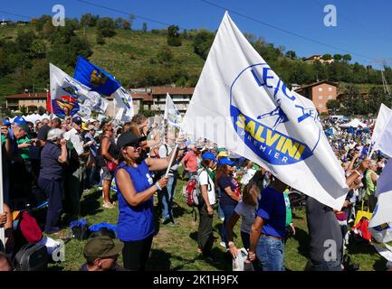 Pontida, Italy. 18th Sep, 2022. A shot of Lega's convention at Pontida, Italy, September 18 2022. For 1990, formerly Lega Nord and currently Lega per Salvini Premier has been meeting each year at Pontida, Lombardia. The meeting marks the oath of Italian towns of Milan, Lodi, Ferrara, Piacenza and Parma against Emperor Frederick I Barbarossa in 1167. (Photo by Elisa Gestri/Sipa USA) Credit: Sipa USA/Alamy Live News Stock Photo