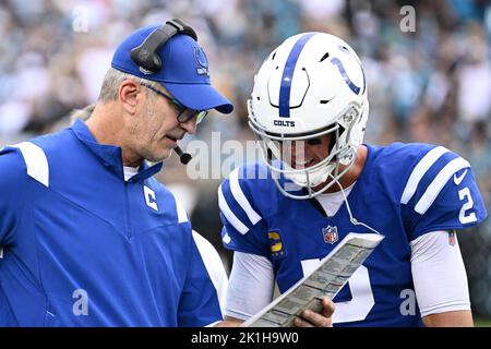 Jacksonville, USA. 18th Sep, 2022. Colts Quarterback Matt Ryan (2) discusses a play with Head Coach Frank Reich as the Colts take on the Jaguars in the 2022 Season opener at the TIAA Bank Field in Jacksonville, Florida on Sunday, September 18, 2022. The Jaguars defeated the Colts 24 - 0. Photo by Joe Marino/UPI Credit: UPI/Alamy Live News Stock Photo