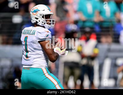 Baltimore, USA. 18th Sep, 2022. Miami Dolphins quarterback Tua Tagovailoa (1) throws downfield against the Baltimore Ravens during the first half of an NFL game at M&T Bank Stadium in Baltimore, Maryland, on Sunday, September 18, 2022. Photo by David Tulis/UPI Credit: UPI/Alamy Live News Stock Photo