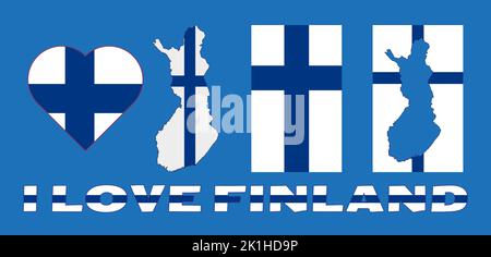 Set of vector illustrations with Finland flag, country outline map and heart. Travel concept. Stock Photo