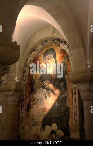 Otranto, Italy. Interior of  the 11th century Cathedral. Mural in the underground chamber, depicting St. Mary with the Holy Child. Stock Photo
