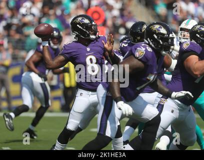 Baltimore, USA. 18th Sep, 2022. Baltimore Ravens QB Lamar Jackson (8) in action against the Miami Dolphins at M&T Bank Stadium in Baltimore, Maryland on September 18, 2022. Credit: Cal Sport Media/Alamy Live News Stock Photo