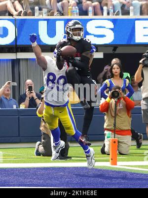 Inglewood, United States. 18th Sep, 2022. Atlanta Falcons' cornerback Casey Hayward Jr intercepts a pass in the end zone in front of Los Angeles Rams tight end Tyler Higbee during second quarter action at SoFi Stadium in Inglewood, California on Sunday, September 18, 2022. The Rams lead at halftime 21-3. Photo by Jon SooHoo/UPI Credit: UPI/Alamy Live News Stock Photo