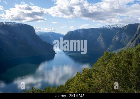 Wonderful landscapes in Norway. Vestland. Beautiful scenery of Aurland fjord from the Stegastein view point facing to the village of Aurland. Sunny da Stock Photo