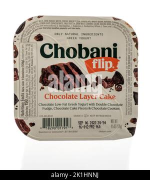 Winneconne, WI - 18 September 2022: A package of Chobani flip chocolate layer cake greek yogurt on an isolated background. Stock Photo