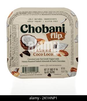 Winneconne, WI - 18 September 2022: A package of Chobani flip almond coco loco greek yogurt on an isolated background. Stock Photo