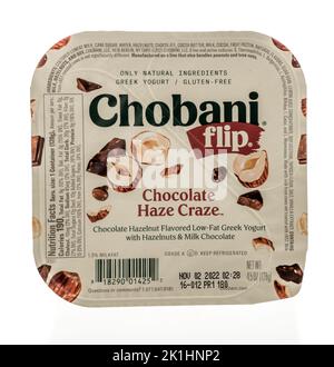 Winneconne, WI - 18 September 2022: A package of Chobani flip chocolate haze craze greek yogurt on an isolated background. Stock Photo
