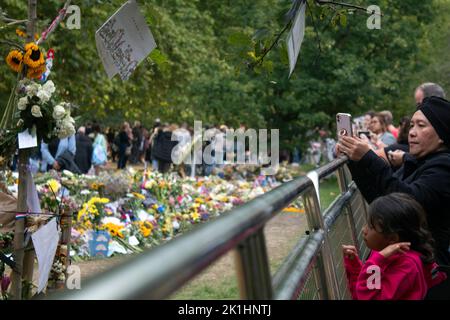 Photographing the floral tributes laid in Green Park after the death of the Queen, 18 September 2022, London, England UK Stock Photo