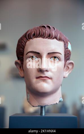 Colourised reconstruction of marble portrait of Emperor Gaius Julius Caesar Agustus Germanicus (Caligula) in Metropolitan Museum of Art (MET) NYC, USA Stock Photo