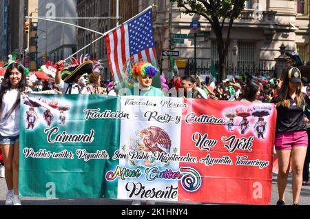 New York, New York, USA. 18th Sep, 2022. Participants are holding a banner on Madison Avenue, New York City during the Mexican Day Parade. (Credit Image: © Ryan Rahman/Pacific Press via ZUMA Press Wire) Credit: ZUMA Press, Inc./Alamy Live News Stock Photo