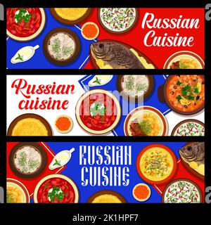 Russian cuisine restaurant meals banners. Jellied beef tongue, mushroom ...
