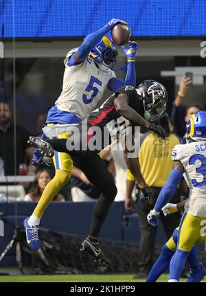 Inglewood, United States. 18th Sep, 2022. Los Angeles Rams' Jalen Ramsey intercepts a pass in above Atlanta Falcons' Bryan Edwards during fourth quarter action at SoFi Stadium in Inglewood, California on Sunday, September 18, 2022.The Rams beat the Falcons 31-27. Photo by Jon SooHoo/UPI Credit: UPI/Alamy Live News Stock Photo