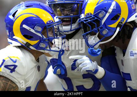 Inglewood, United States. 18th Sep, 2022. Los Angeles Rams' Cobie Durant (L to R), Nick Scott and and Jalen Ramsey celebrate against the Atlanta Falcons' during third quarter action at SoFi Stadium in Inglewood, California on Sunday, September 18, 2022. The Rams beat the Falcons 31-27. Photo by Jon SooHoo/UPI Credit: UPI/Alamy Live News Stock Photo