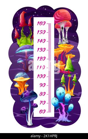 Fantasy fairy magic mushrooms, kids height chart, vector cartoon growth measure. Kids growth meter ruler or baby tall scale with luminous witch mushrooms and magic glowing toadstools Stock Vector