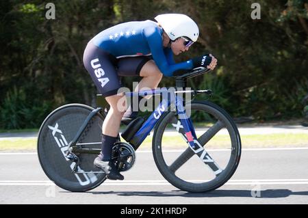 Kristen Faulkner of the United States, riding to a sixth place finish in the individual time trial at the 2022 UCI Road Cycling World Championships. Stock Photo