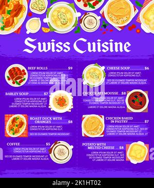 Swiss cuisine menu page template. Barley soup, cheese soup and potato with melted cheese, roast duck with oranges, beef rolls and chocolate mousse, coffee drink cup, chicken baked in pastry Stock Vector