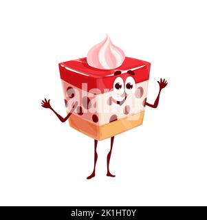 Cartoon strawberry cake pie dessert character, cheerful piece of cupcake. Isolated vector confectionery personage for kids menu with cream swirl and jelly. Pastry or bakery dessert, funny patisserie Stock Vector