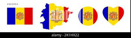 Andorra flag icon set. Andorran pennant in official colors and proportions. Rectangular, map-shaped, circle and heart-shaped. Flat vector illustration Stock Vector