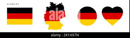 Germany flag icon set. German pennant in official colors and proportions. Rectangular, map-shaped, circle and heart-shaped. Flat vector illustration i Stock Vector