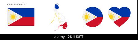 Philippines flag icon set. Philippine pennant in official colors and proportions. Rectangular, map-shaped, circle and heart-shaped. Flat vector illust Stock Vector