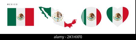 Mexico flag icon set. Mexican pennant in official colors and proportions. Rectangular, map-shaped, circle and heart-shaped. Flat vector illustration i Stock Vector