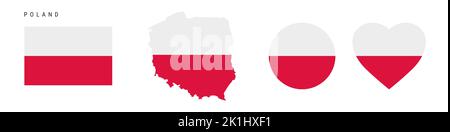 Poland flag icon set. Polish pennant in official colors and proportions. Rectangular, map-shaped, circle and heart-shaped. Flat vector illustration is Stock Vector