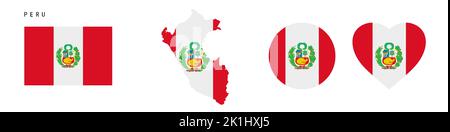 Peru flag icon set. Peruvian pennant in official colors and proportions. Rectangular, map-shaped, circle and heart-shaped. Flat vector illustration is Stock Vector