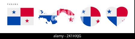 Panama flag icon set. Panamanian pennant in official colors and proportions. Rectangular, map-shaped, circle and heart-shaped. Flat vector illustratio Stock Vector