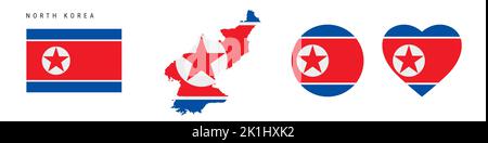 North Korea flag icon set. Juche pennant in official colors and proportions. Rectangular, map-shaped, circle and heart-shaped. Flat vector illustratio Stock Vector