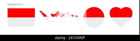 Indonesia flag icon set. Indonesian pennant in official colors and proportions. Rectangular, map-shaped, circle and heart-shaped. Flat vector illustra Stock Vector