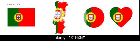 Portugal flag icon set. Portuguese pennant in official colors and proportions. Rectangular, map-shaped, circle and heart-shaped. Flat vector illustrat Stock Vector