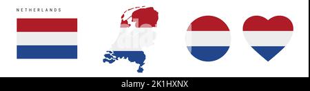 Netherlands flag icon set. Holland pennant in official colors and proportions. Rectangular, map-shaped, circle and heart-shaped. Flat vector illustrat Stock Vector