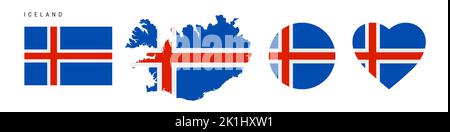 Iceland flag icon set. Icelandic pennant in official colors and proportions. Rectangular, map-shaped, circle and heart-shaped. Flat vector illustratio Stock Vector