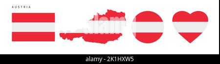 Austria flag icon set. Austrian pennant in official colors and proportions. Rectangular, map-shaped, circle and heart-shaped. Flat vector illustration Stock Vector