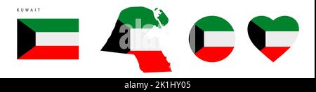 Kuwait flag icon set. Kuwaiti pennant in official colors and proportions. Rectangular, map-shaped, circle and heart-shaped. Flat vector illustration i Stock Vector