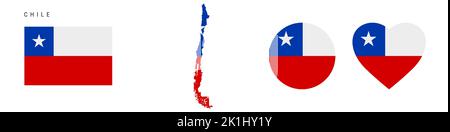 Chile flag icon set. Chilean pennant in official colors and proportions. Rectangular, map-shaped, circle and heart-shaped. Flat vector illustration is Stock Vector