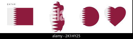 Qatar flag icon set. Qatari pennant in official colors and proportions. Rectangular, map-shaped, circle and heart-shaped. Flat vector illustration iso Stock Vector