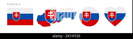 Slovakia flag icon set. Slovak pennant in official colors and proportions. Rectangular, map-shaped, circle and heart-shaped. Flat vector illustration Stock Vector