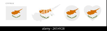 Cyprus flag icon set. Cypriot pennant in official colors and proportions. Rectangular, map-shaped, circle and heart-shaped. Flat vector illustration i Stock Vector