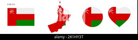 Oman flag icon set. Omani pennant in official colors and proportions. Rectangular, map-shaped, circle and heart-shaped. Flat vector illustration isola Stock Vector