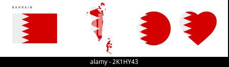 Bahrain flag icon set. Bahraini pennant in official colors and proportions. Rectangular, map-shaped, circle and heart-shaped. Flat vector illustration Stock Vector