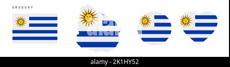 Uruguay flag icon set. Uruguayan pennant in official colors and proportions. Rectangular, map-shaped, circle and heart-shaped. Flat vector illustratio Stock Vector