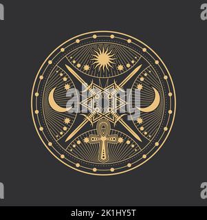 Sun and ankh cross esoteric occult pentagram, magic tarot sign. Vector ...
