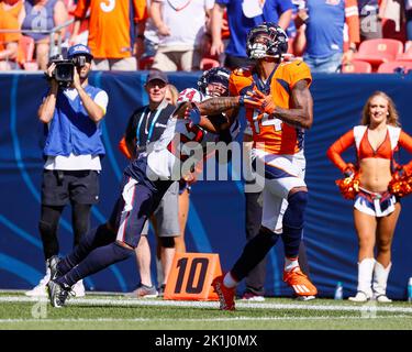 September 18, 2022: Houston Texans quarterback Davis Mills (10) throws a  pass in the first half of the football game between the Denver Broncos and  Houston Texans at Empower Field Field in