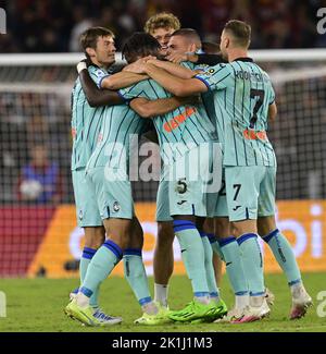Rome, Italy. 18th Sep, 2022. Atalanta's players celebrate after a Serie A football match between Roma and Atalanta in Rome, Italy, on Sept. 18, 2022. Credit: Augusto Casasoli/Xinhua/Alamy Live News