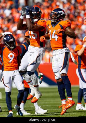 September 18, 2022: Denver Broncos running back Javonte Williams (33)  hurdles Houston Texans cornerback Desmond King II (25) in the football game  between the Denver Broncos and Houston Texans at Empower Field