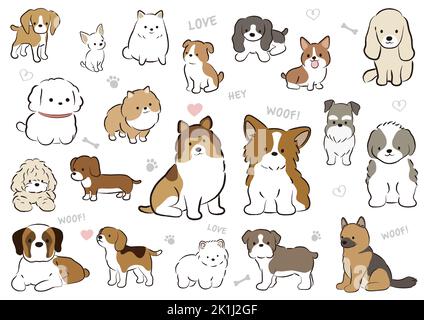 Set Of Hand-Drawn Cute Cartoonish Dogs Isolated On A White Background. Vector Flat Style Illustration. Stock Vector
